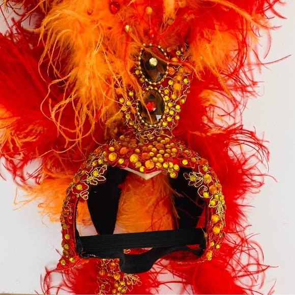 Showgirl Orange & Red Feathers Headdress W/ Ostrich Marabou Feather Boas Unisex - Picture 8 of 8